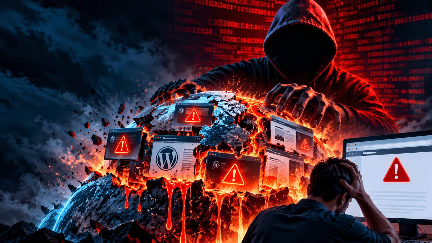 PHP2Shell cybersecurity vulnerability illustration showing a hooded hacker targeting WordPress websites, security alerts and a distressed website owner facing a potential cyberattack.